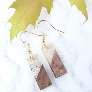Handmade Walnut & Clear Resin Hook Earrings Rectangle Hypo-Allergenic Gold Tone